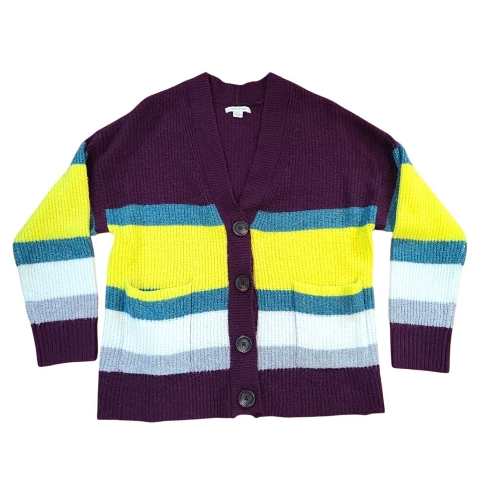 American‎ Eagle Womens Boxy Knit Cardigan Size Small Soft Purple Yellow Sweater
